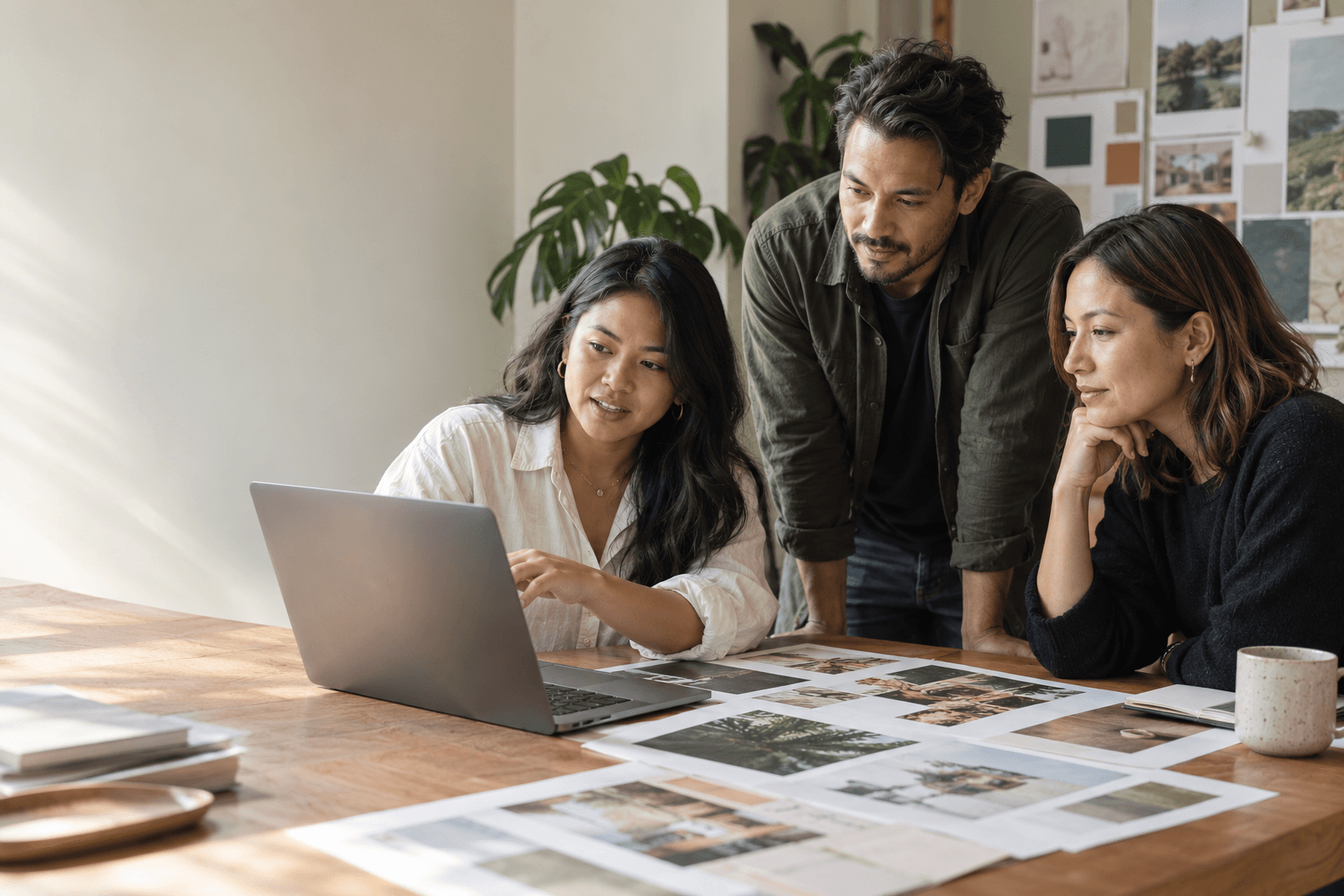 Three collaborators reviewing creative work together in a studio.